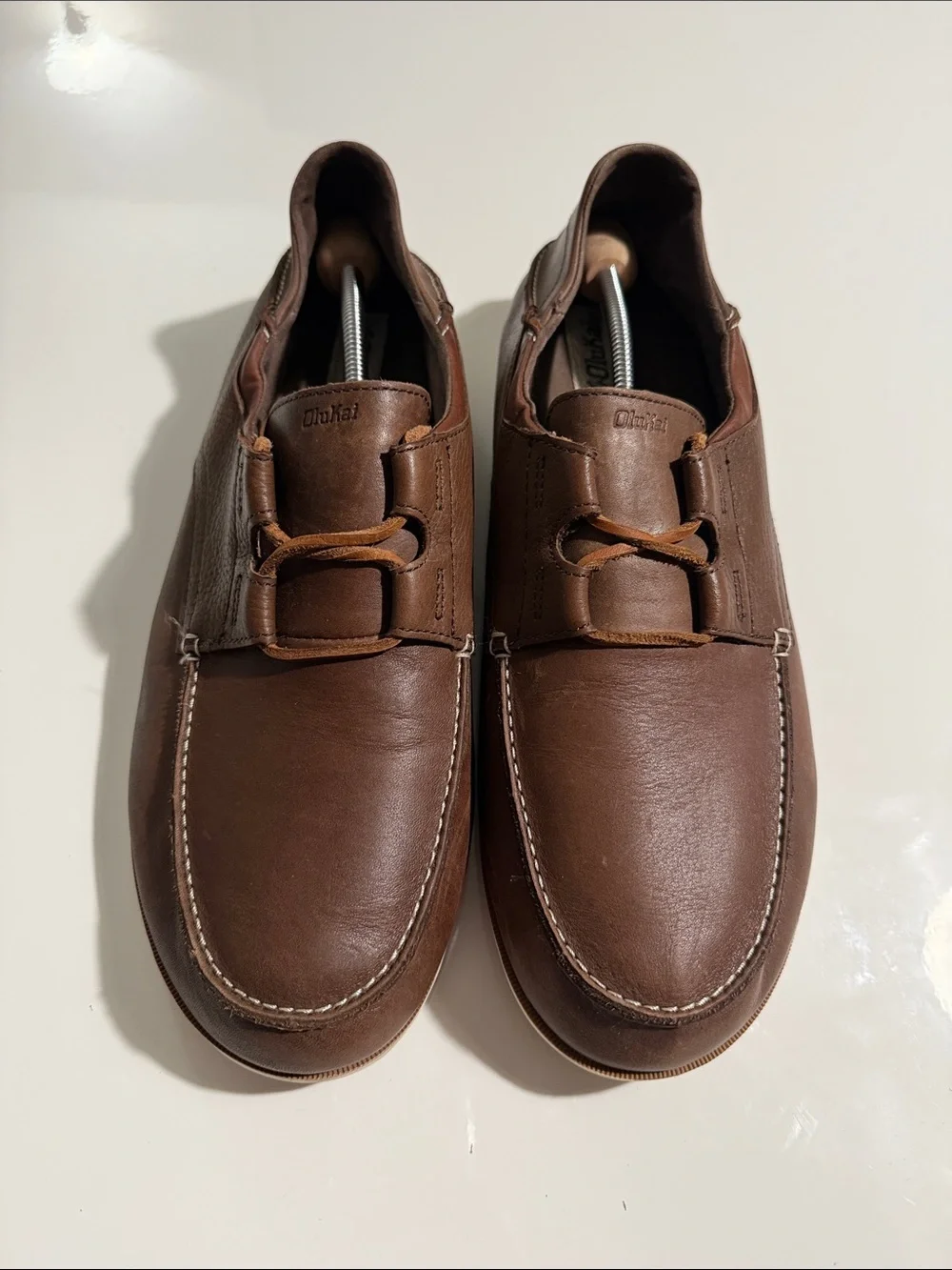 OluKai DEDE Moku Brown Leather MENS Lace-Up Moc Toe Boat Loafers Shoes - Size 13